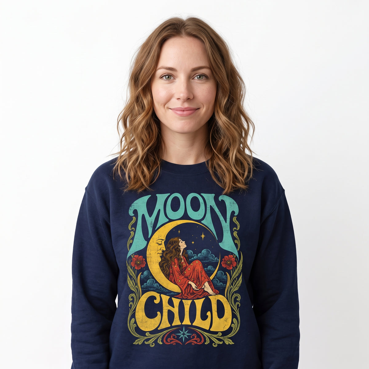 Model wearing the Moon Child sweatshirt in Navy, cover image 1