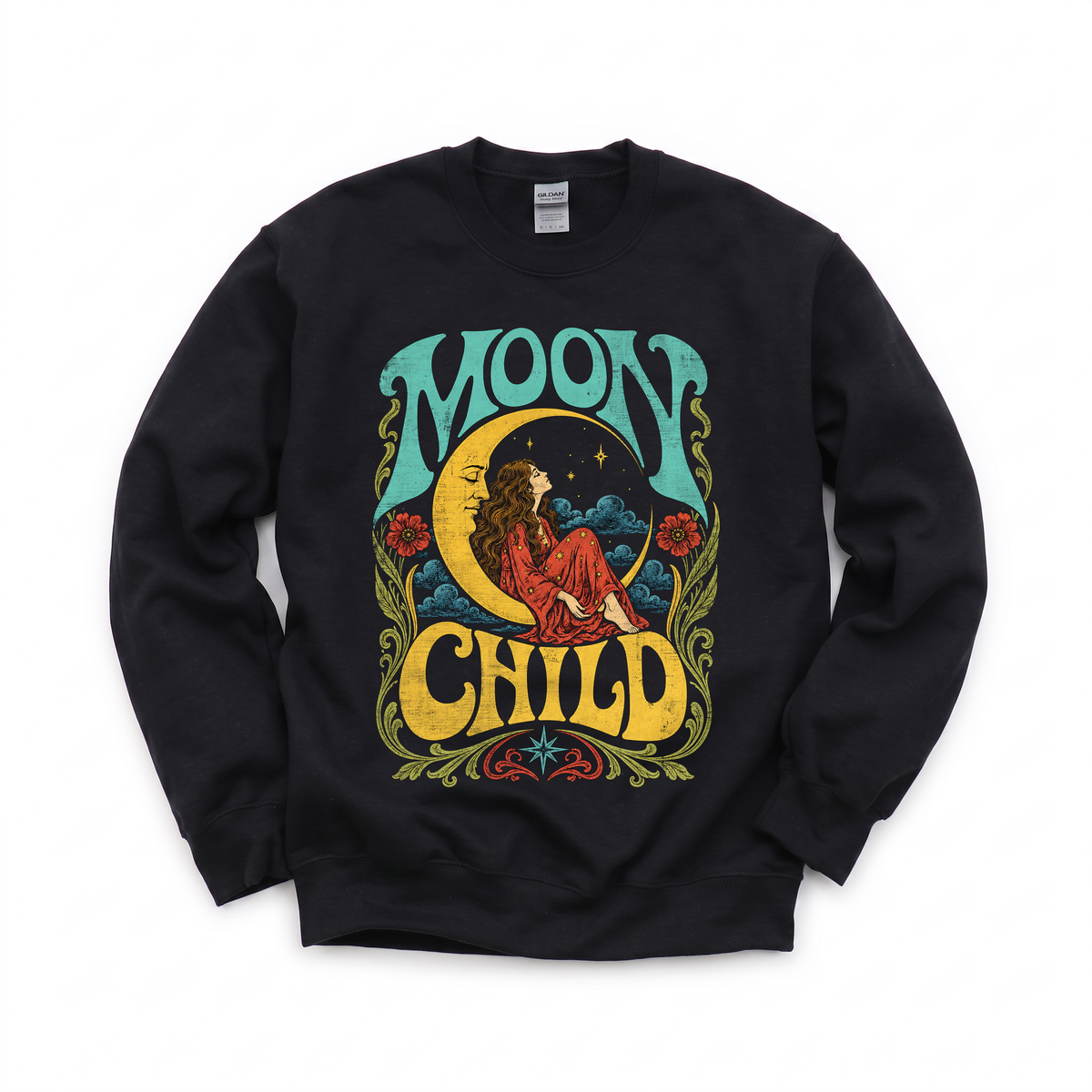 Moon Child graphic on Gildan 18000 in Black