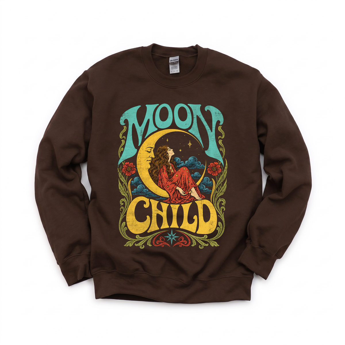 Moon Child graphic on Gildan 18000 in Dark Chocolate