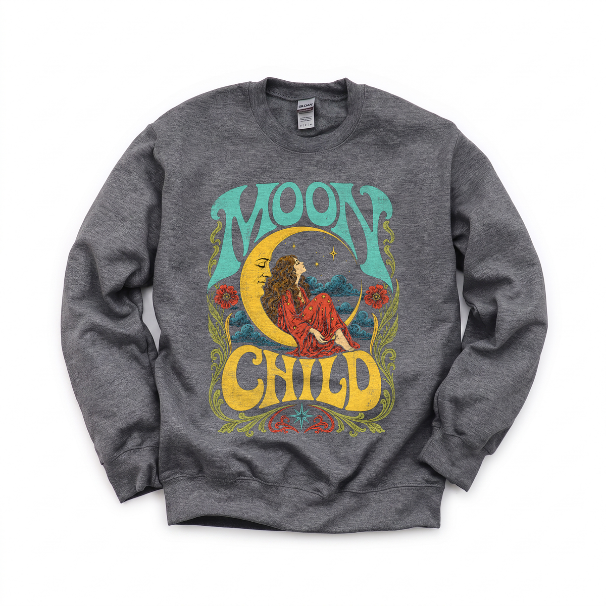 Moon Child graphic on Gildan 18000 in Dark Heather