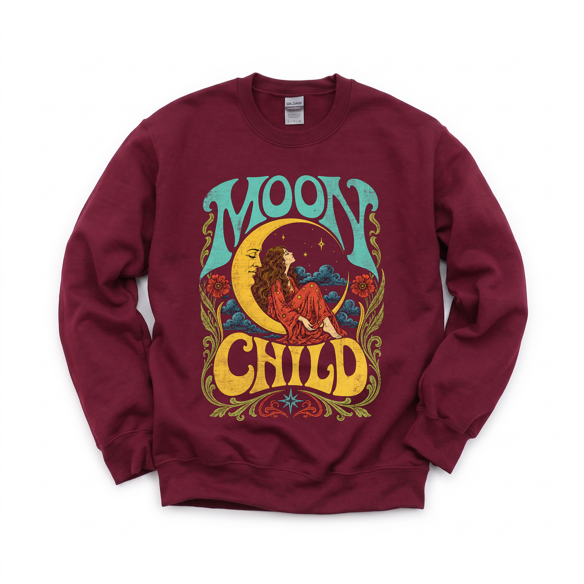 Moon Child graphic on Gildan 18000 in Maroon