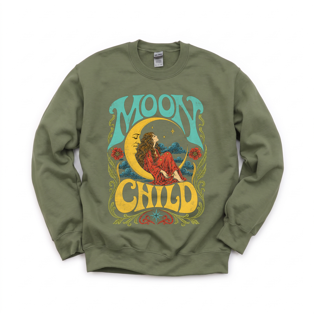 Moon Child graphic on Gildan 18000 in Military Green