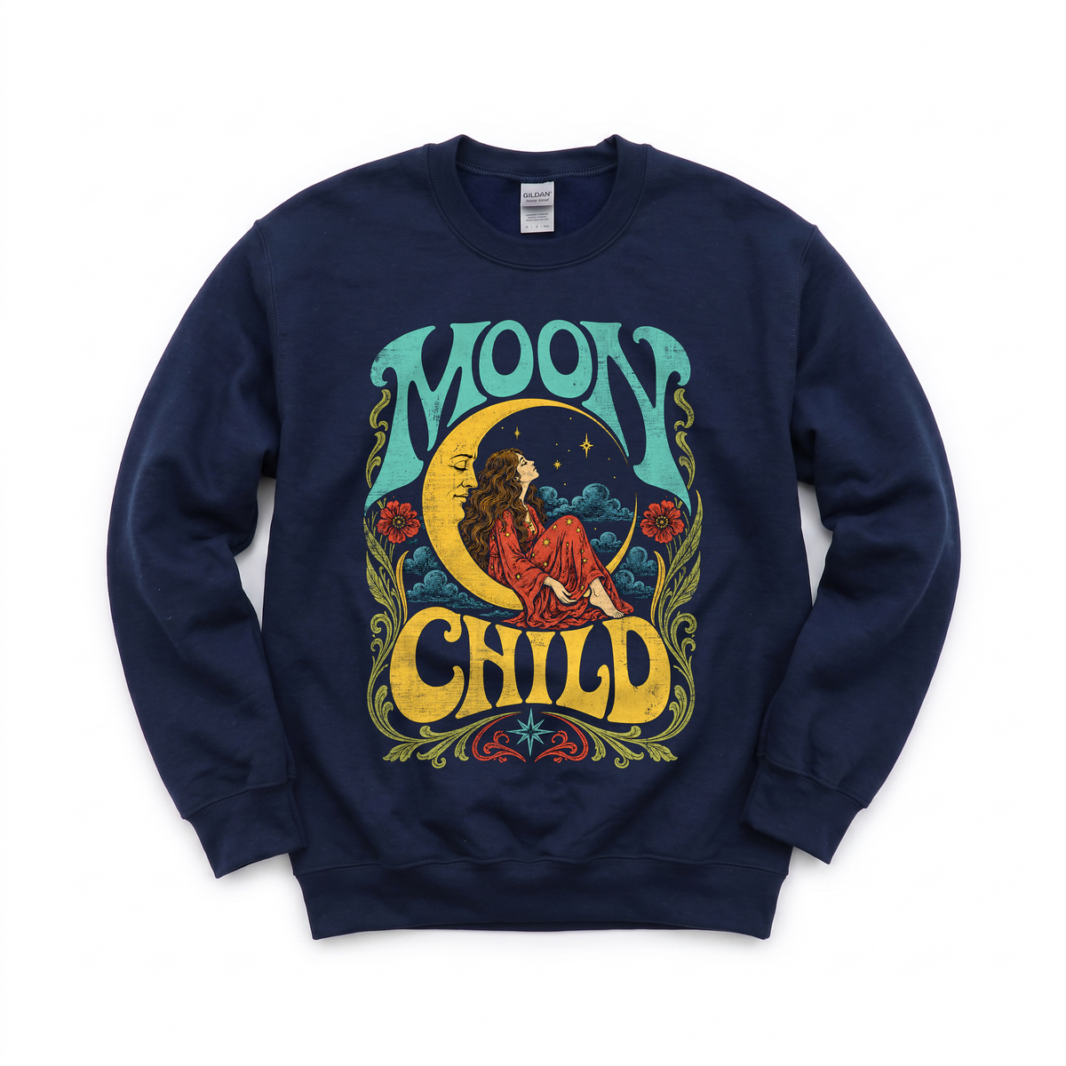 Moon Child graphic on Gildan 18000 in Navy