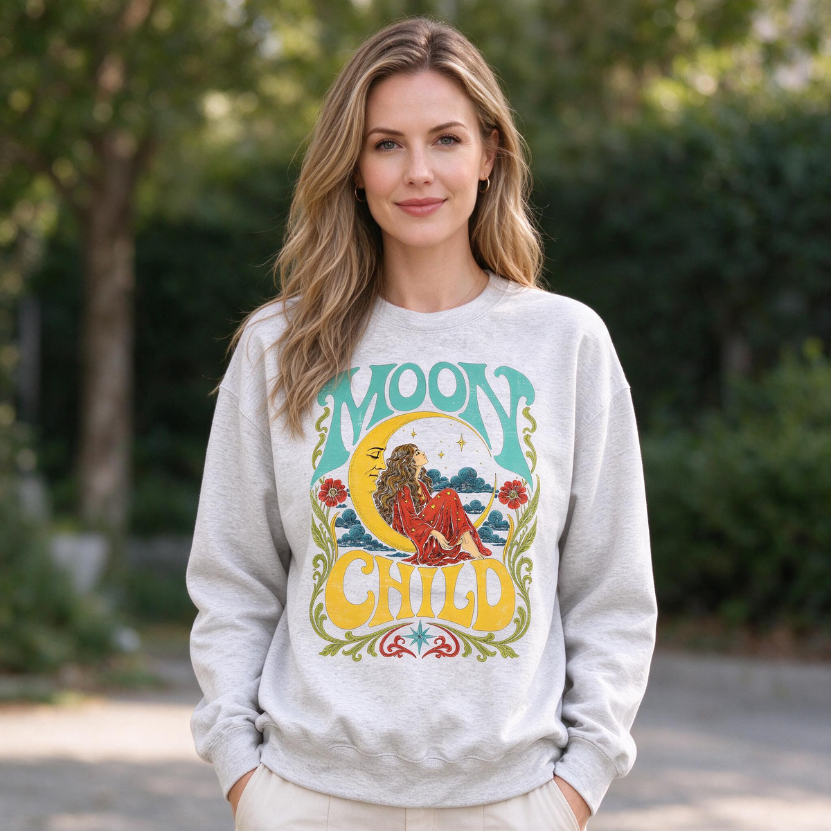Model wearing the Moon Child sweatshirt in Ash