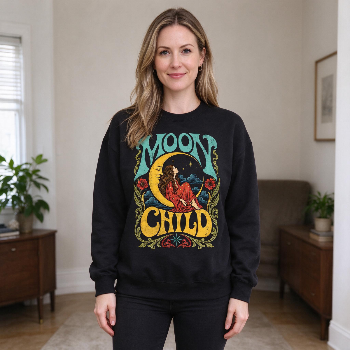 Model wearing the Moon Child sweatshirt in Black