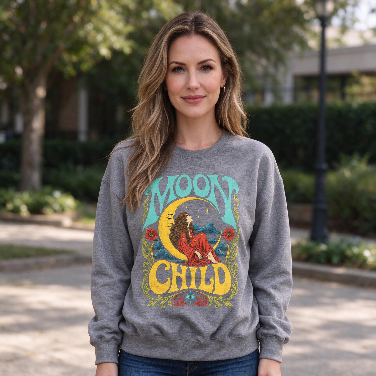 Model wearing the Moon Child sweatshirt in Dark Heather