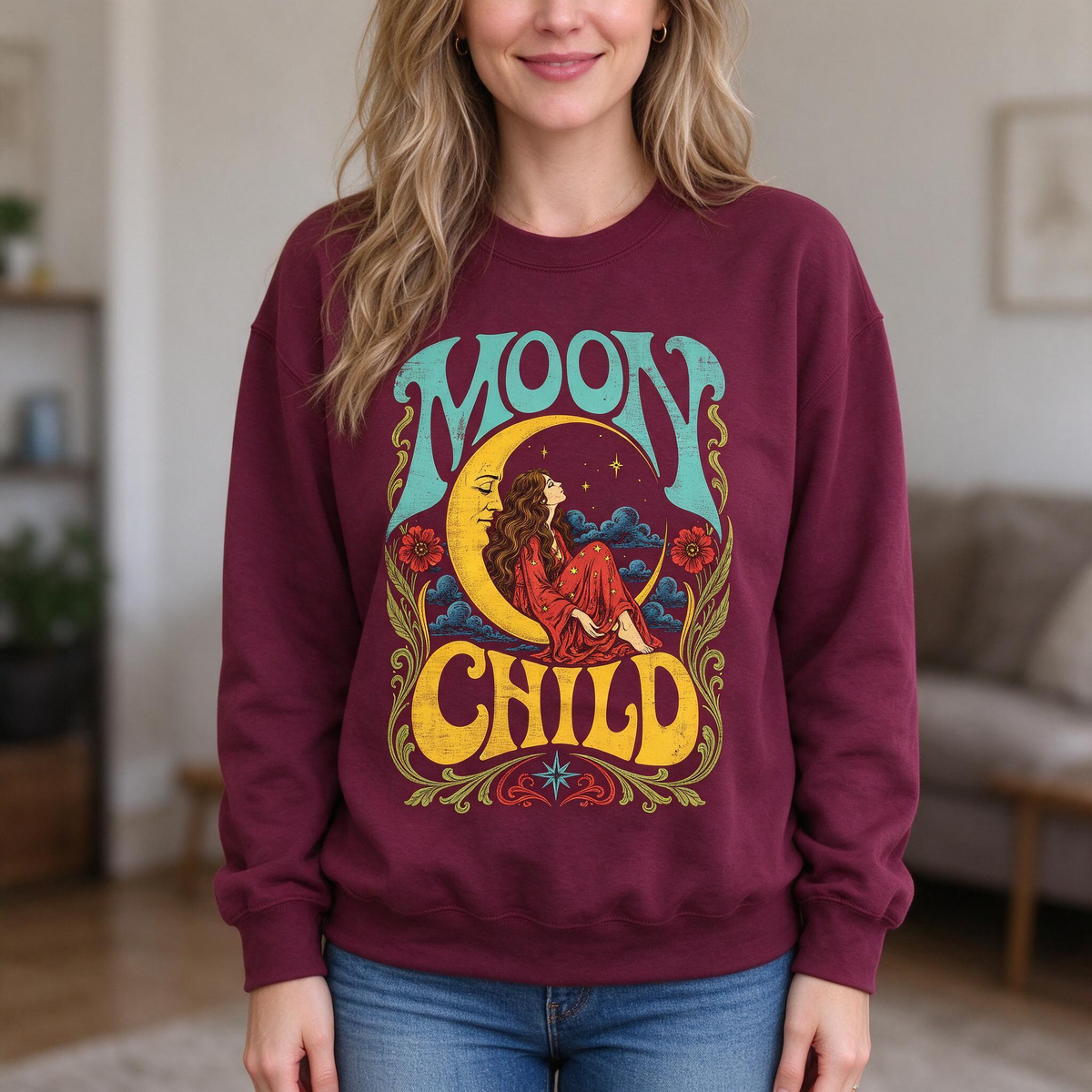 Model wearing the Moon Child sweatshirt in Maroon