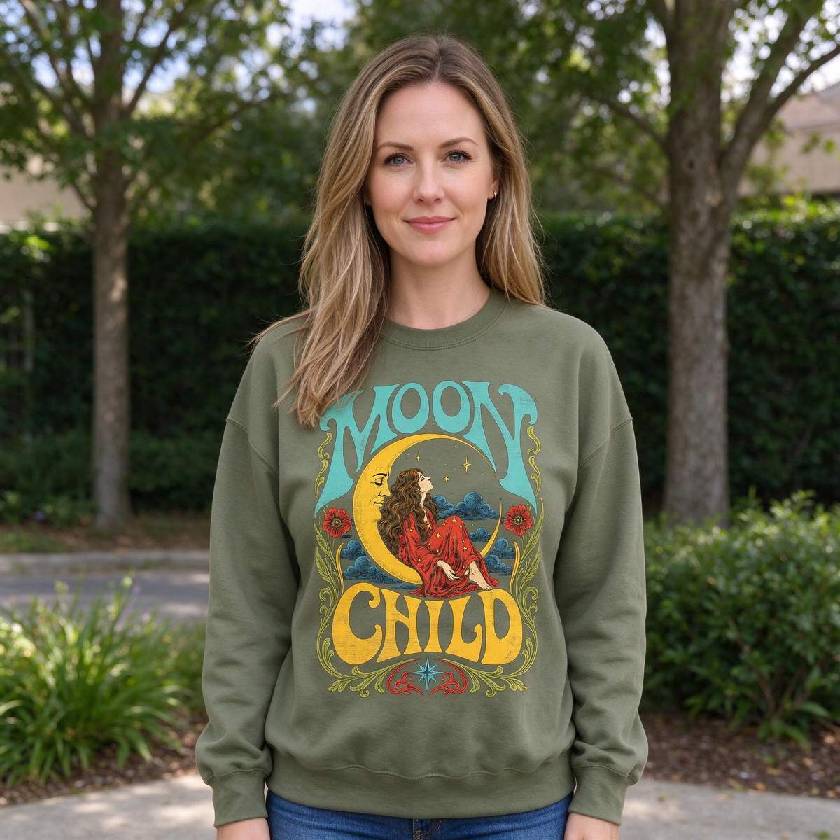Model wearing the Moon Child sweatshirt in Military Green