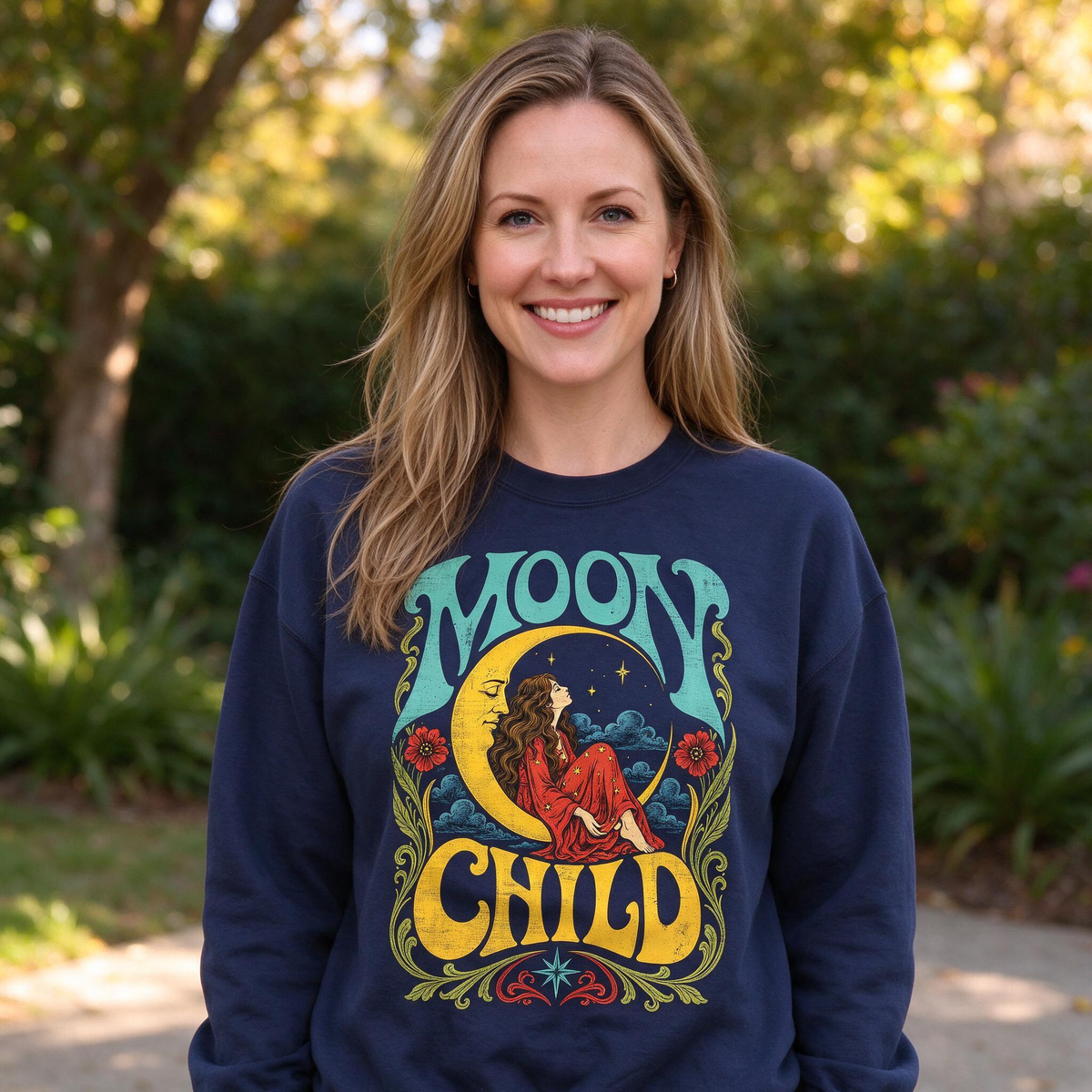 Model wearing the Moon Child sweatshirt in Navy, lifestyle image 1