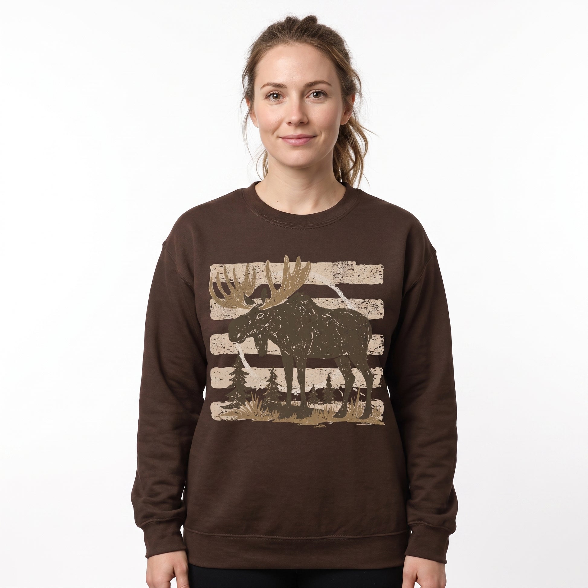 Model wearing the Moose sweatshirt in Dark Chocolate, cover image 1