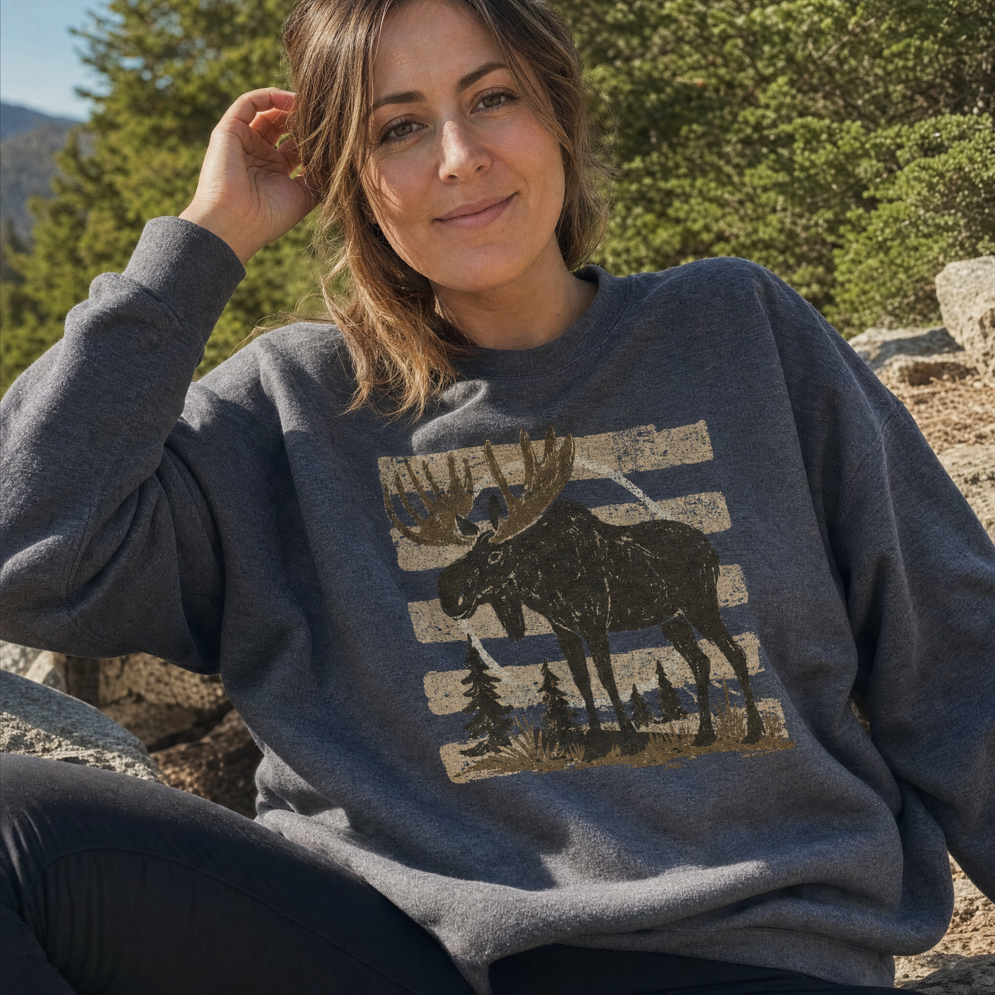 Model wearing the Moose sweatshirt in Dark Heather