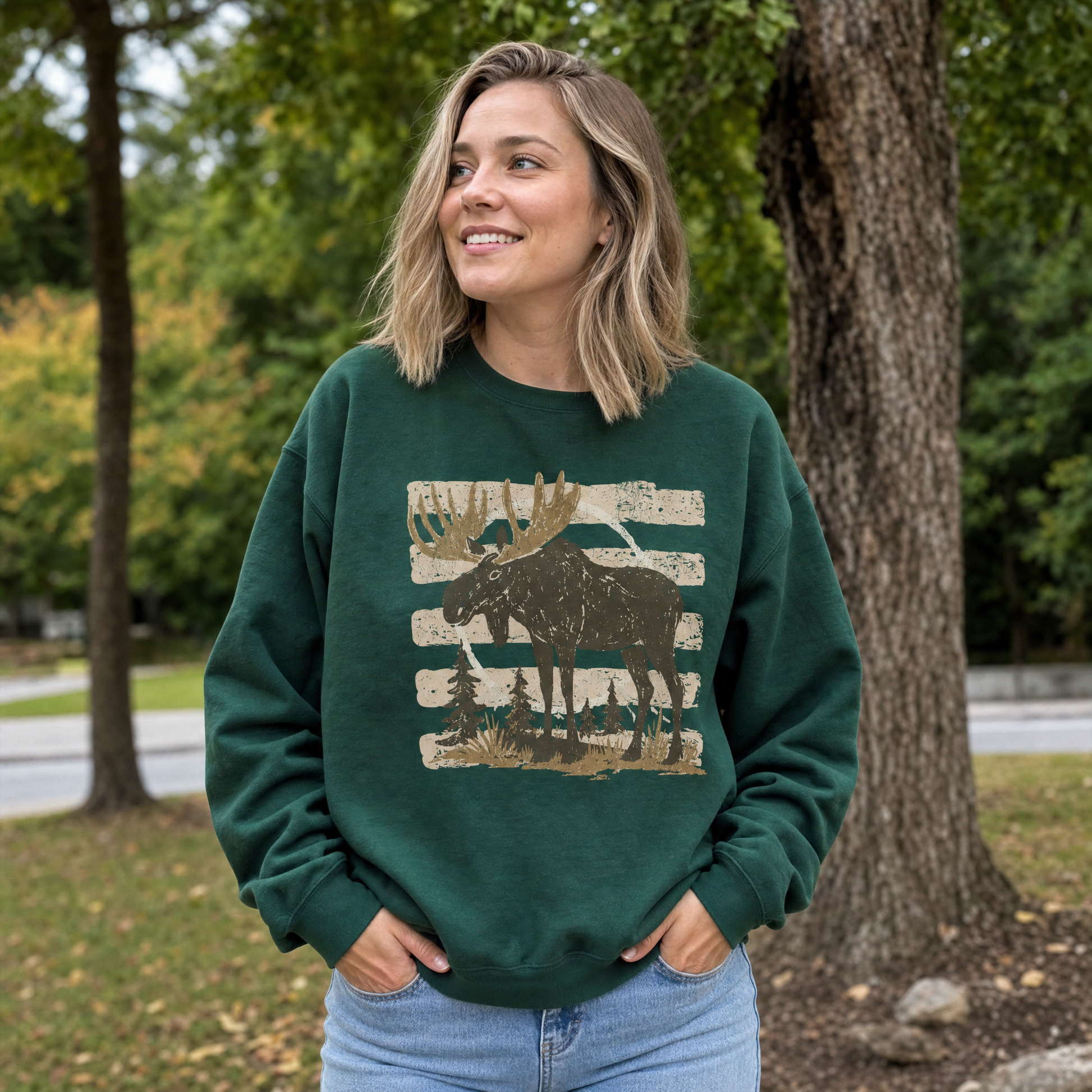 Model wearing the Moose sweatshirt in Forest Green