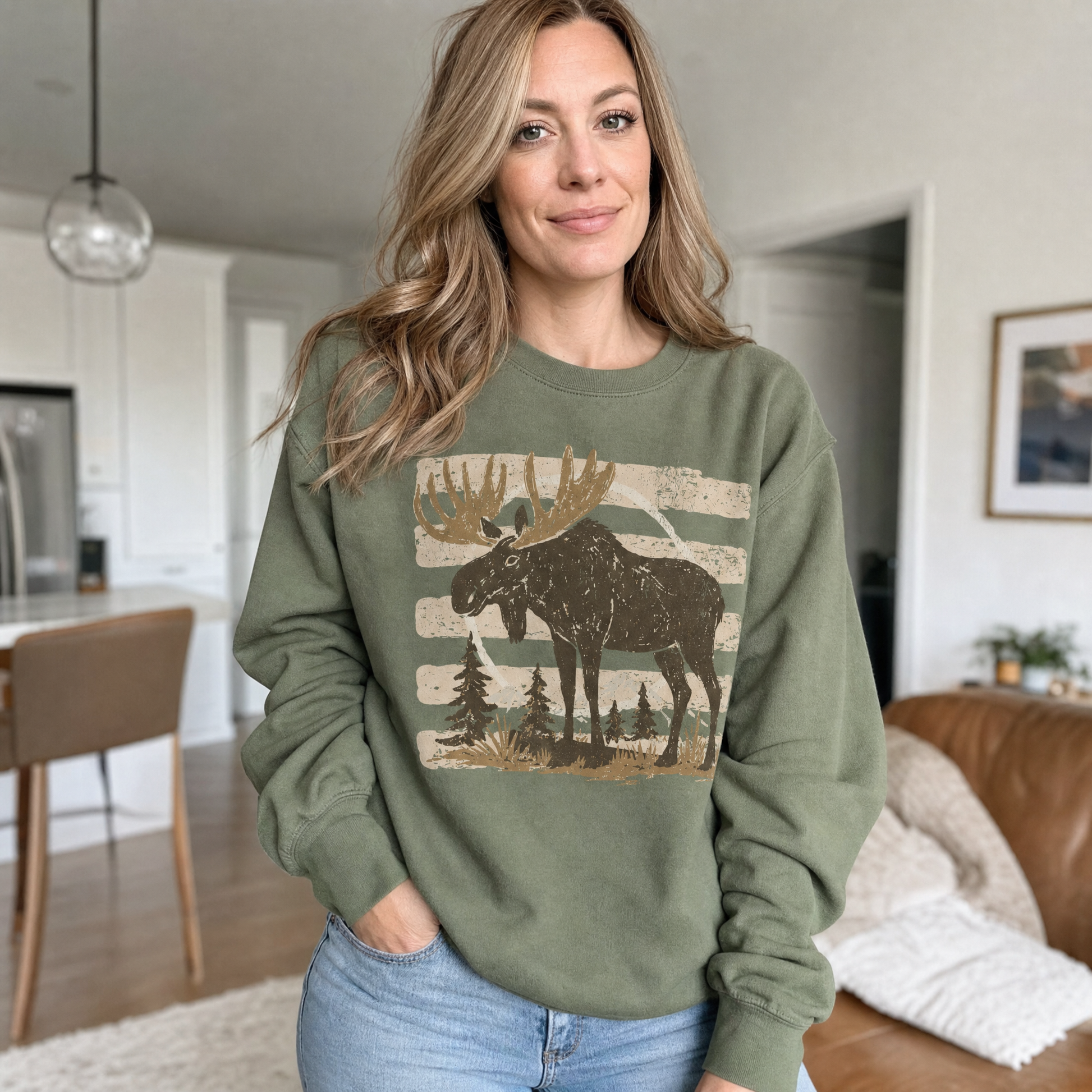 Model wearing the Moose sweatshirt in Military Green