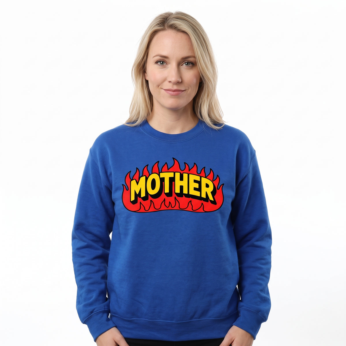 Model wearing the Mother Flaming Text sweatshirt in Royal, cover image 1