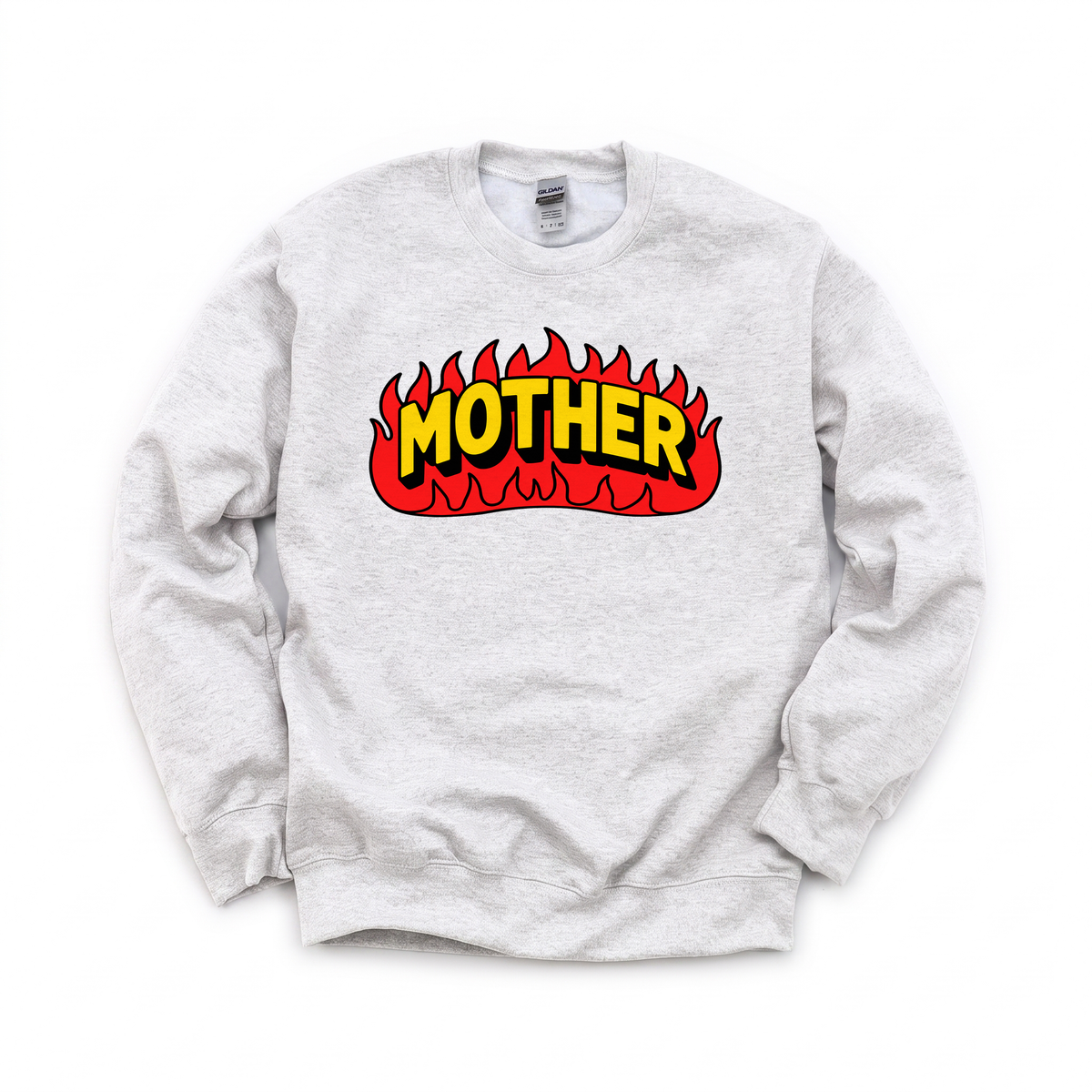 Mother Flaming Text graphic on Gildan 18000 in Ash