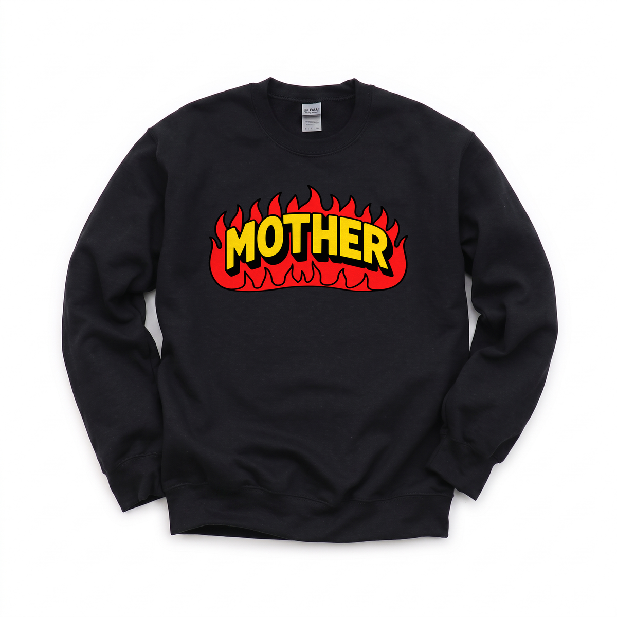 Mother Flaming Text graphic on Gildan 18000 in Black