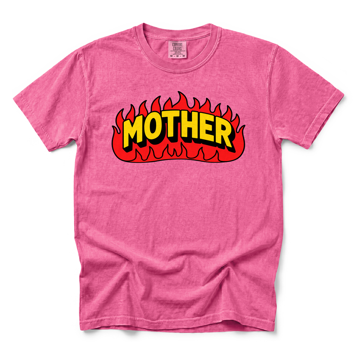 Mother Flaming Text graphic on Comfort Colors 1717 in Crunchberry