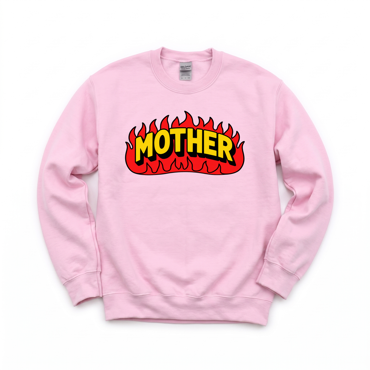 Mother Flaming Text graphic on Gildan 18000 in Light Pink
