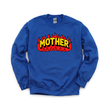 Mother Flaming Text graphic on Gildan 18000 in Royal