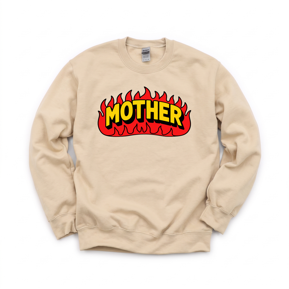 Mother Flaming Text graphic on Gildan 18000 in Sand