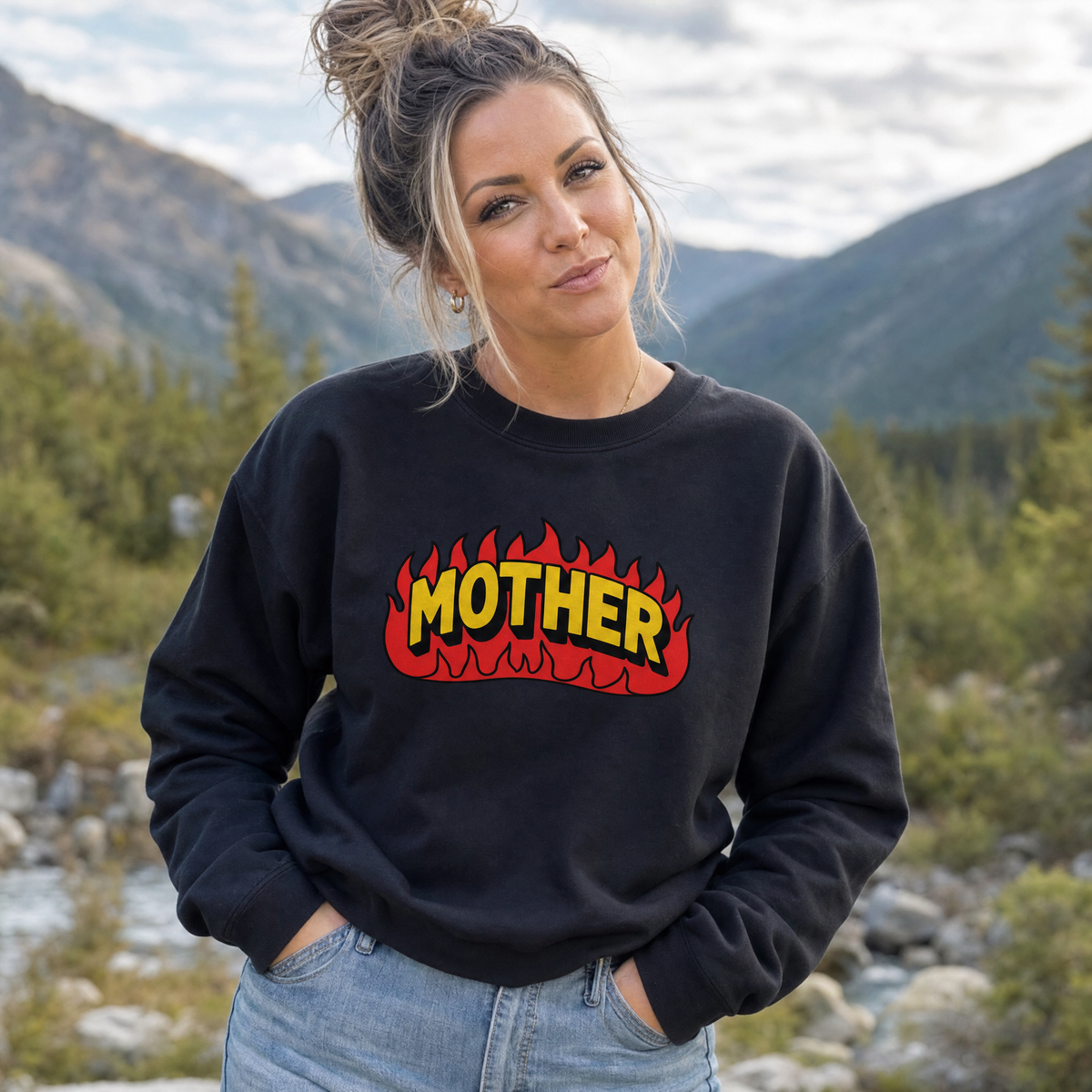 Model wearing the Mother Flaming Text sweatshirt in Black