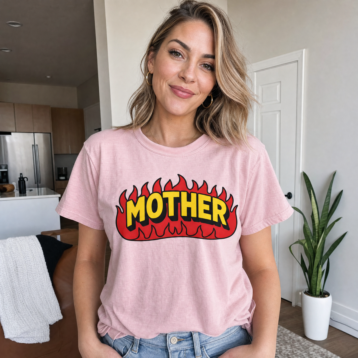 Model wearing the Mother Flaming Text comfort colors tee in Blossom