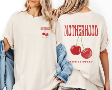 Motherhood Life Is Sweet Cherry Mother's Day Vintage Mom Life Comfort Colors Tee