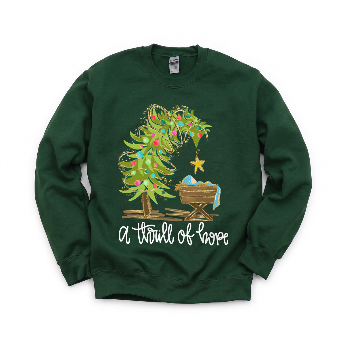 Nativity Scene graphic on Gildan 18000 in Forest Green