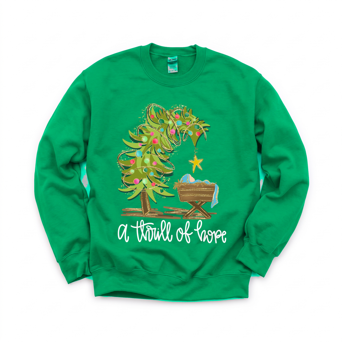 Nativity Scene graphic on Gildan 18000 in Irish Green