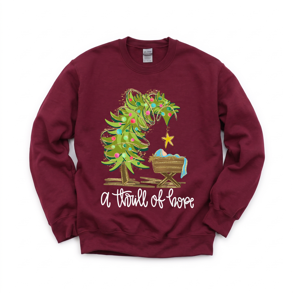Nativity Scene graphic on Gildan 18000 in Maroon