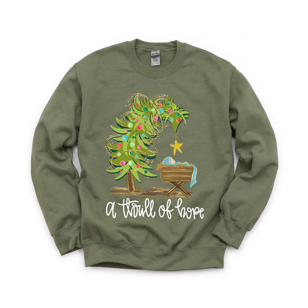 Nativity Scene graphic on Gildan 18000 in Military Green