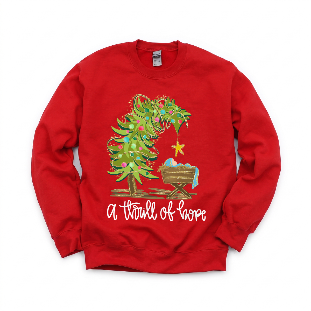 Nativity Scene graphic on Gildan 18000 in Red