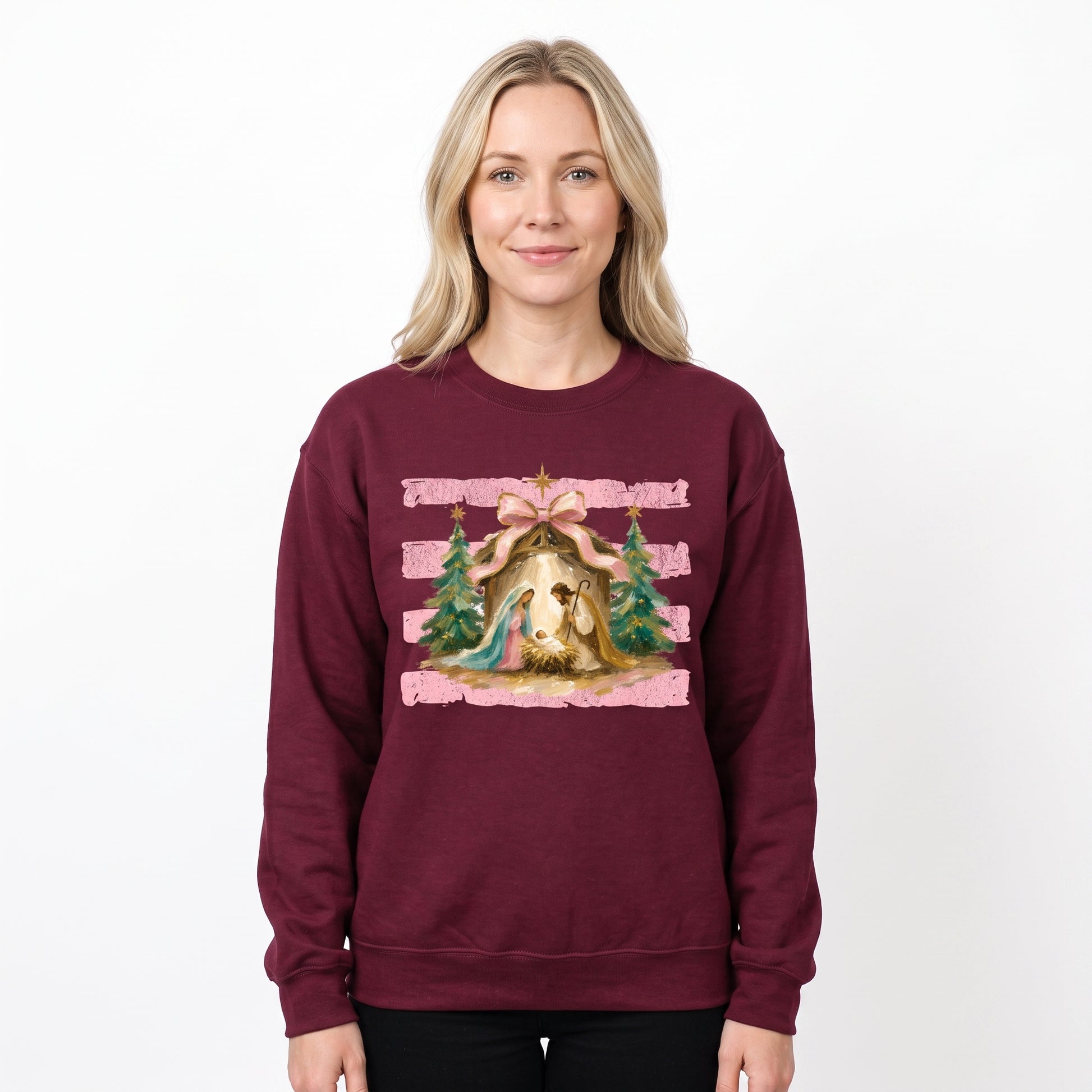 Model wearing the Nativity Scene sweatshirt in Maroon, cover image 1