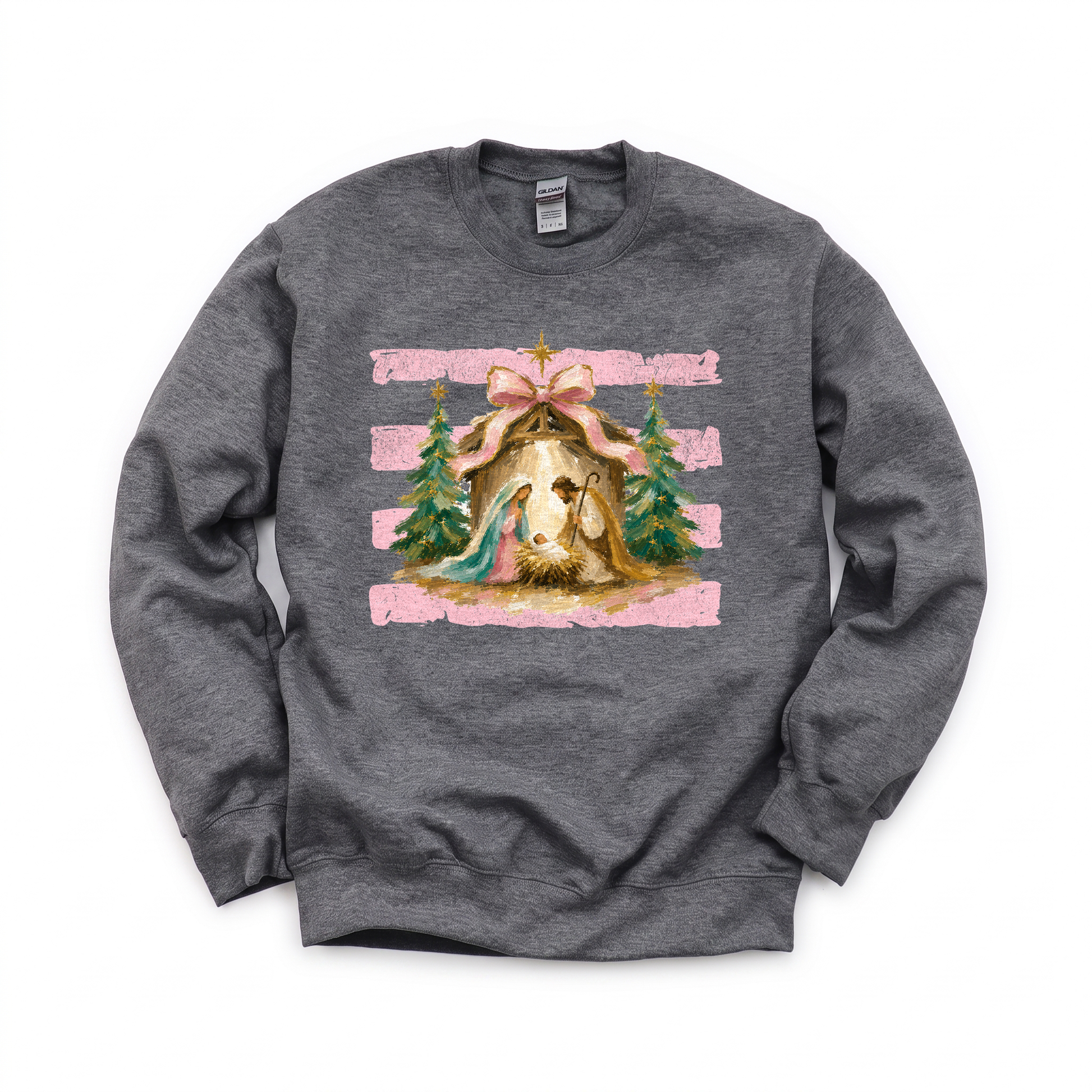 Nativity Scene graphic on Gildan 18000 in Dark Heather