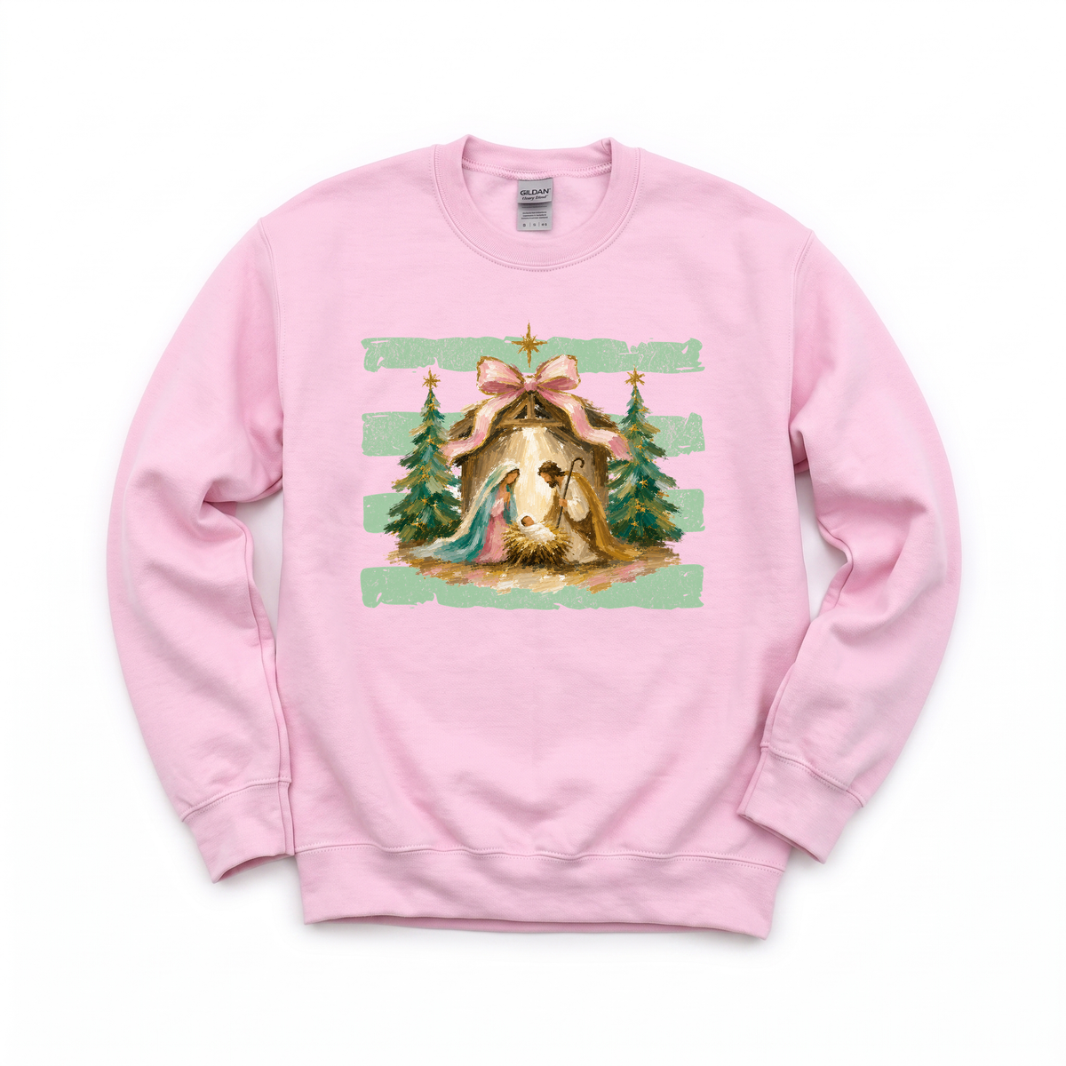 Nativity Scene graphic on Gildan 18000 in Light Pink