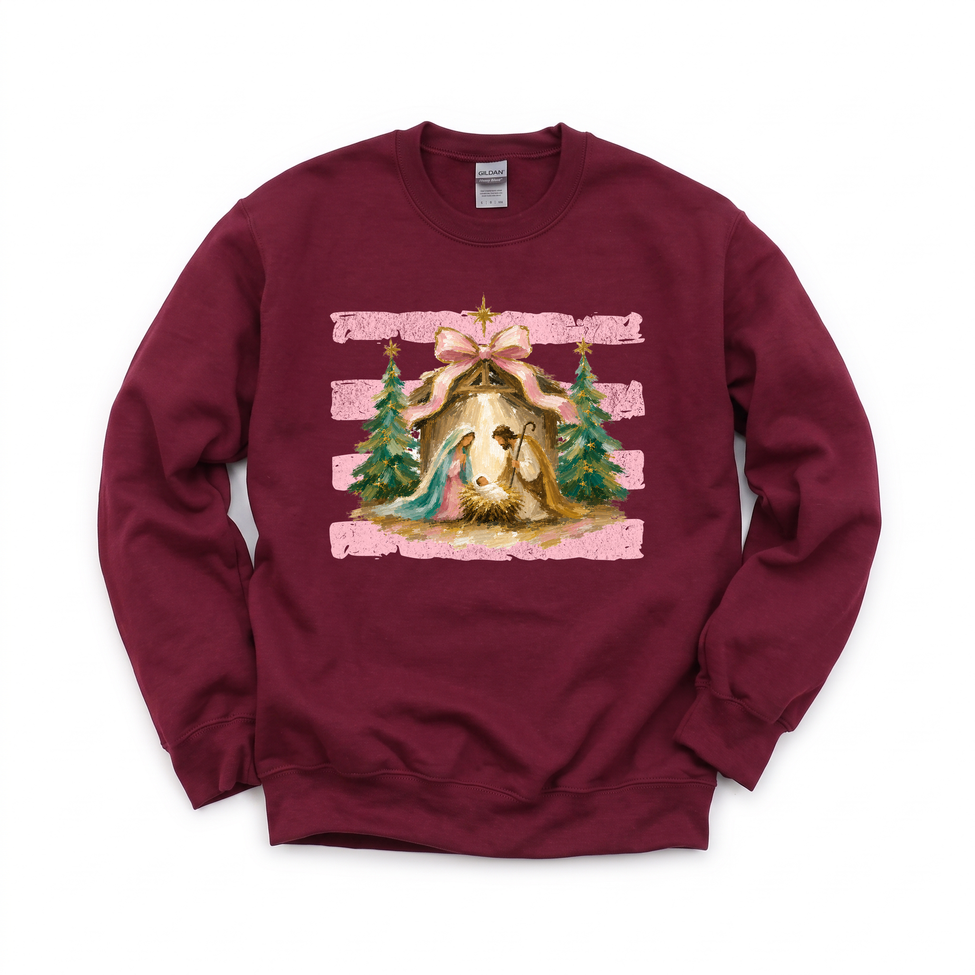 Nativity Scene graphic on Gildan 18000 in Maroon