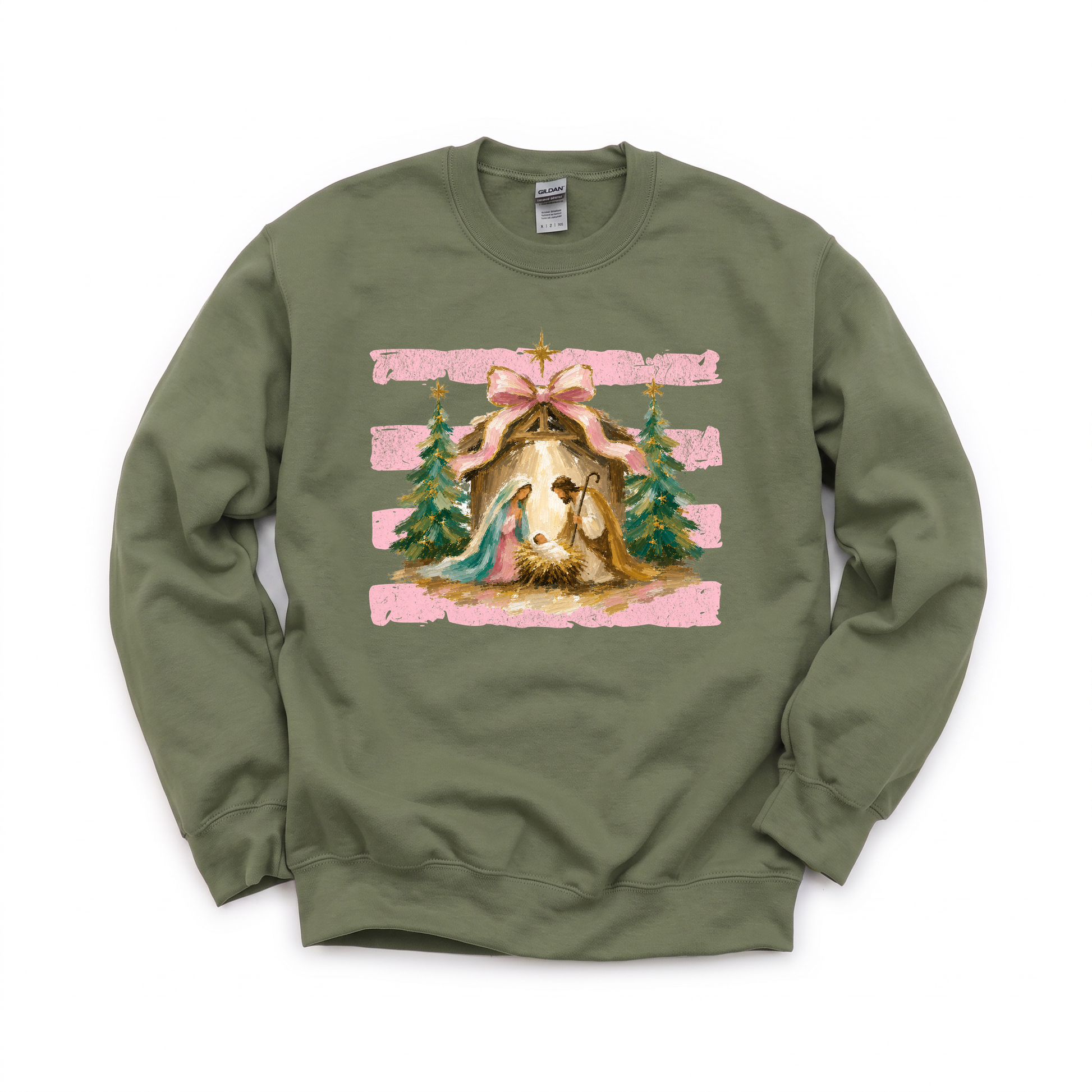 Nativity Scene graphic on Gildan 18000 in Military Green