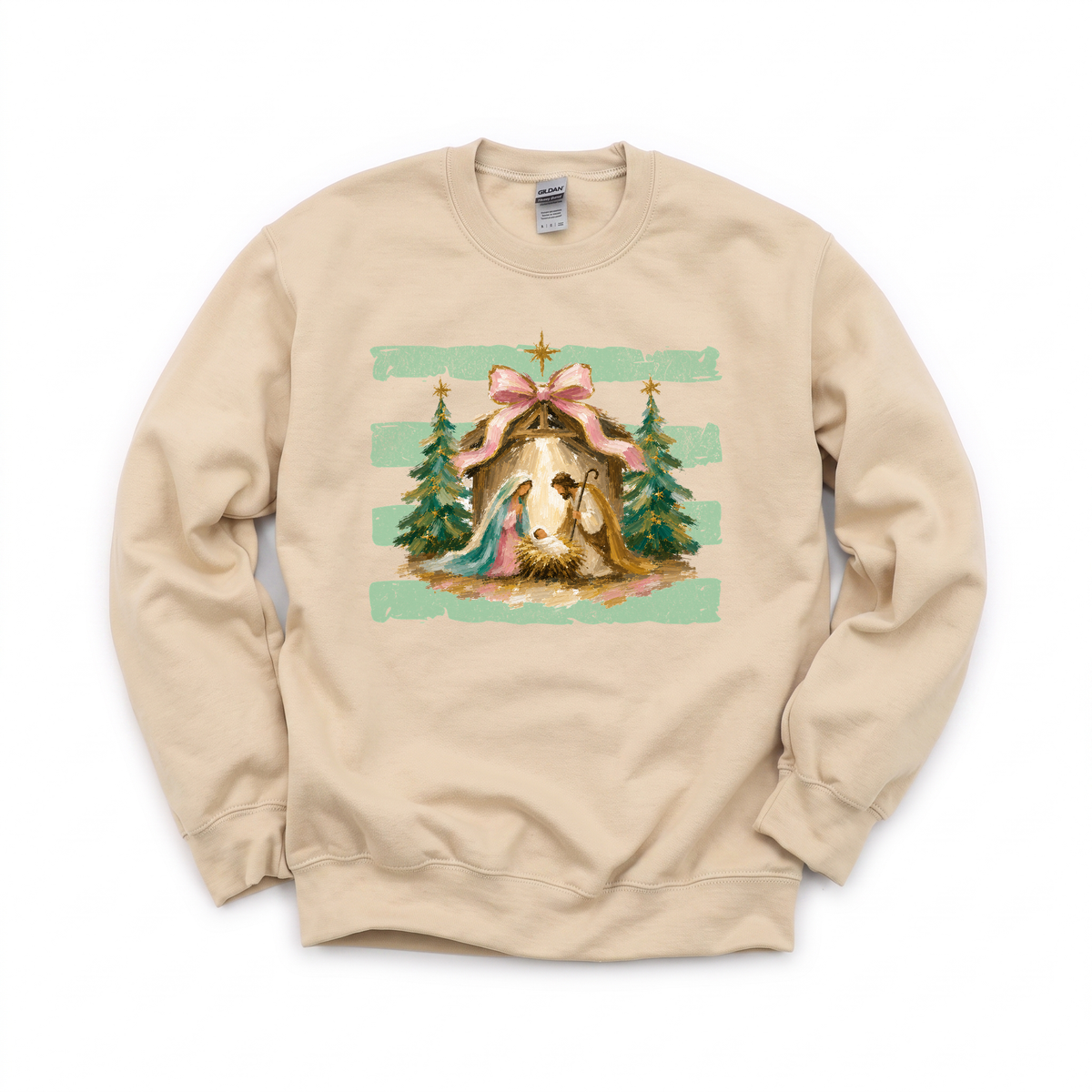 Nativity Scene graphic on Gildan 18000 in Sand