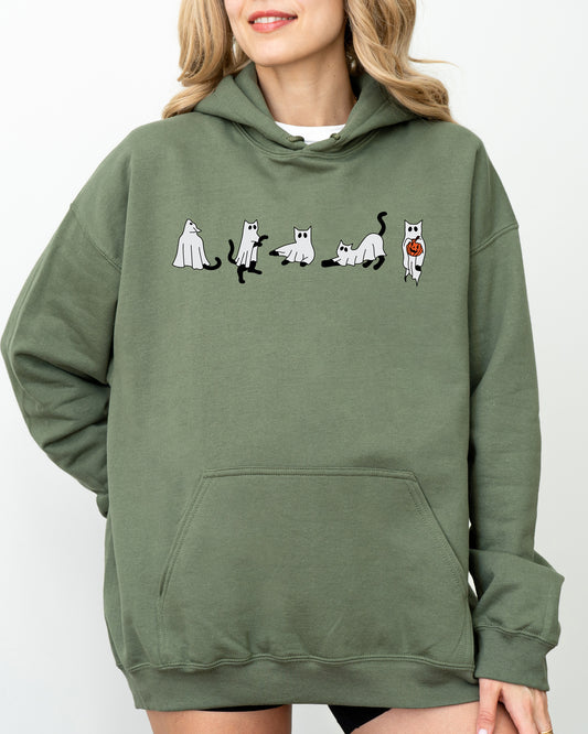 Cat Ghosts, Skeleton, Funny, Witch, Aesthetic, Meme, Halloween, Spooky, Costume, Hoodie, Hooded Sweatshirt