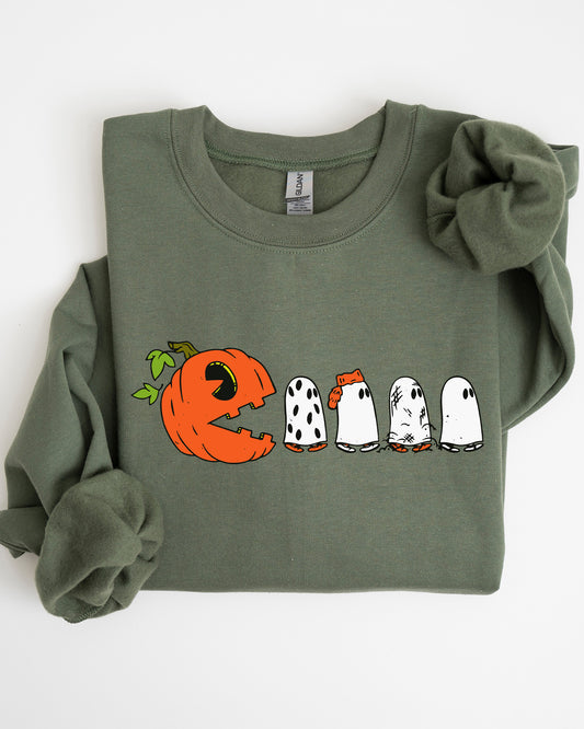 Pacman Pumpkin, Spooky, Skeleton, Funny, Witch, Aesthetic, Meme, Halloween, Costume Sweatshirt