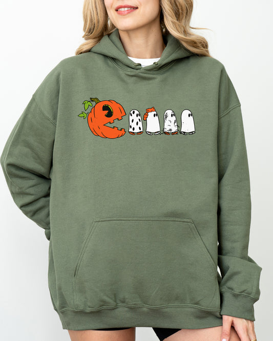 Pacman Pumpkin, Spooky, Skeleton, Funny, Witch, Aesthetic, Meme, Halloween, Costume, Hoodie, Hooded Sweatshirt