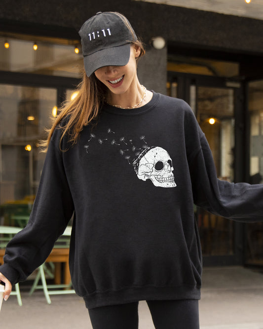 Dandelion Skull, Spooky, Skeleton, Funny, Witch, Aesthetic, Meme, Halloween, Costume Sweatshirt