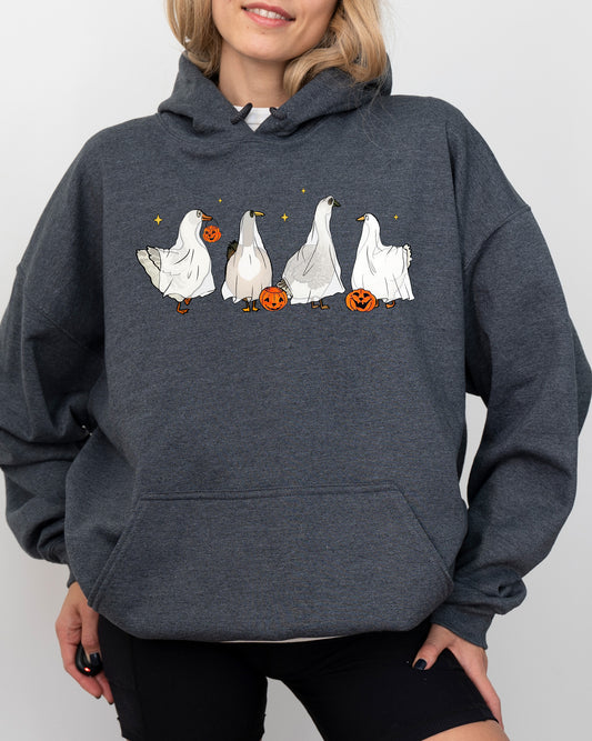 Ghost Geese, Farm, Skeleton, Funny, Pumpkin, Spooky, Witch, Aesthetic, Meme, Halloween, Costume, Hoodie, Hooded Sweatshirt