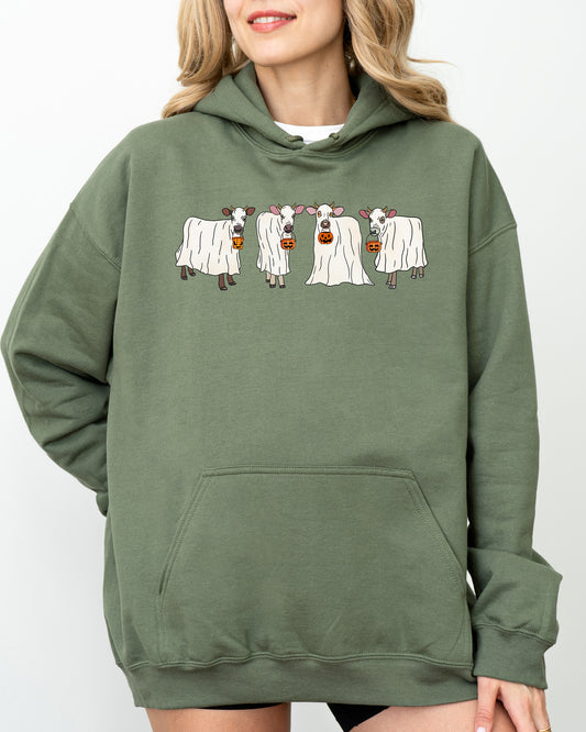 Ghost Cows, Farm, Skeleton, Funny, Spooky, Witch, Aesthetic, Meme, Halloween, Costume, Hoodie, Hooded Sweatshirt