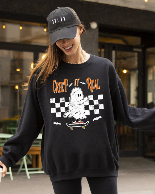 Creep It Real, Ghost, Skeleton, Funny, Spooky, Witch, Aesthetic, Meme, Halloween, Costume Sweatshirt