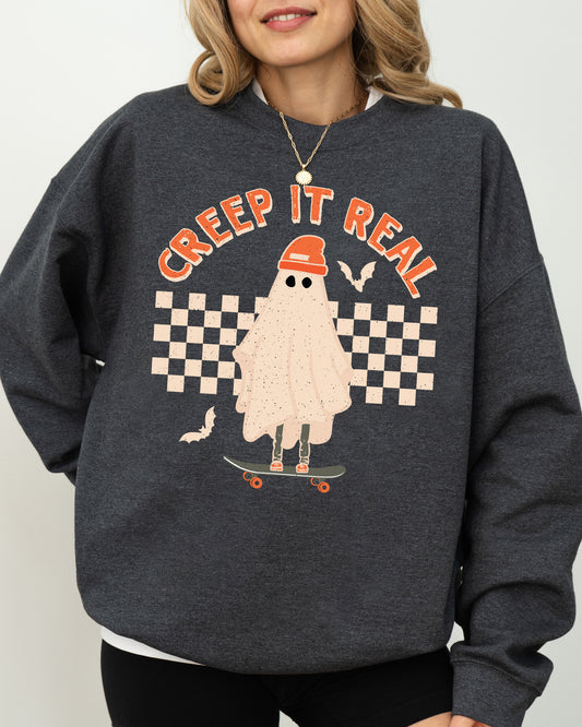 Creep It Real, Retro Ghost, Skeleton, Funny, Spooky, Witch, Aesthetic, Meme, Halloween, Costume Sweatshirt