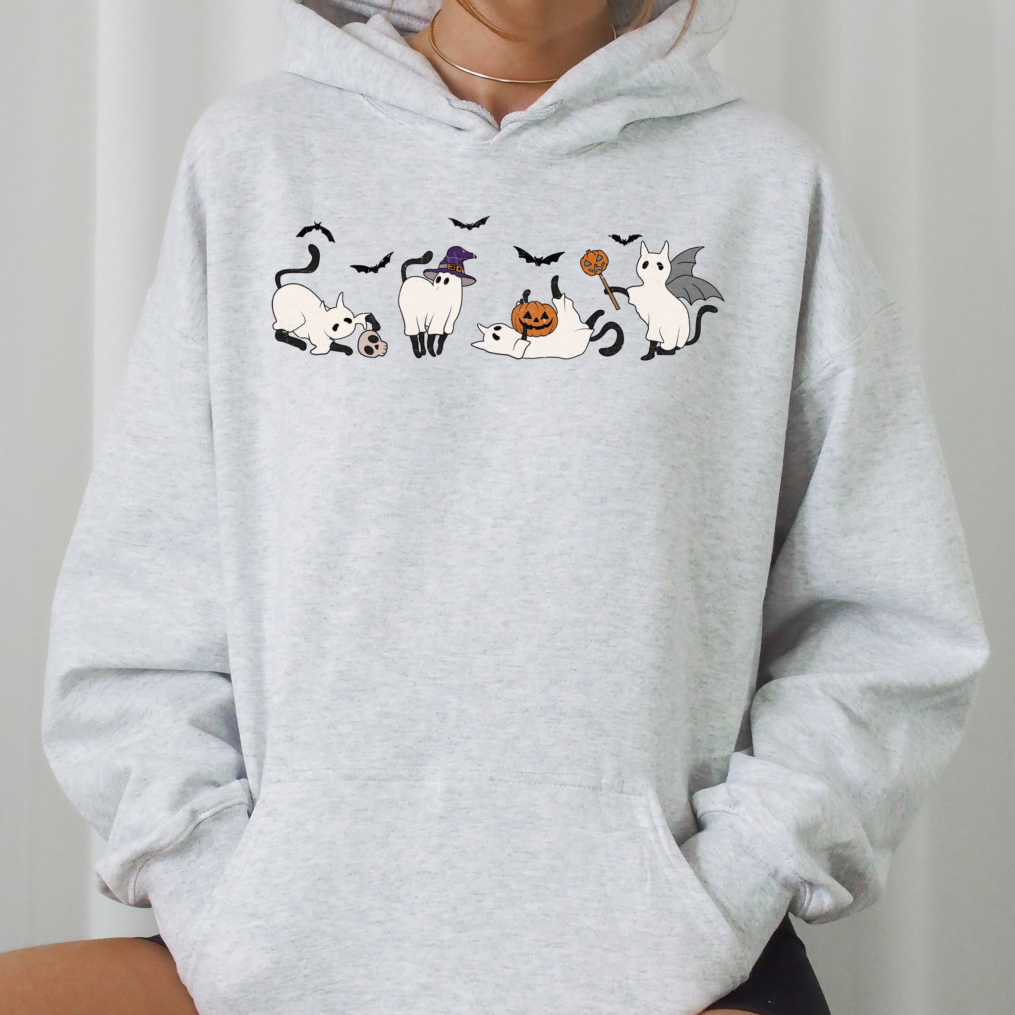 Mini Ghost Cats, Farm, Witch, Skull, Funny, Spooky, Aesthetic, Meme, Halloween, Costume, Hoodie, Hooded Sweatshirt