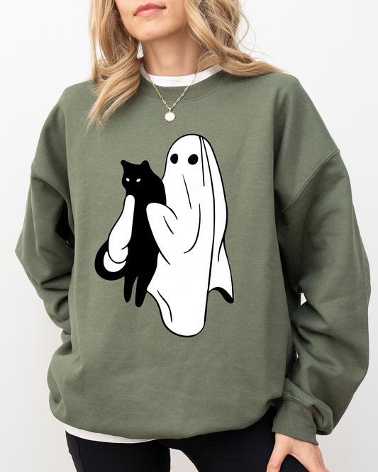 Ghost and Cat, Skeleton, Witch, Skull, Funny, Spooky, Aesthetic, Meme, Halloween, Costume Sweatshirt