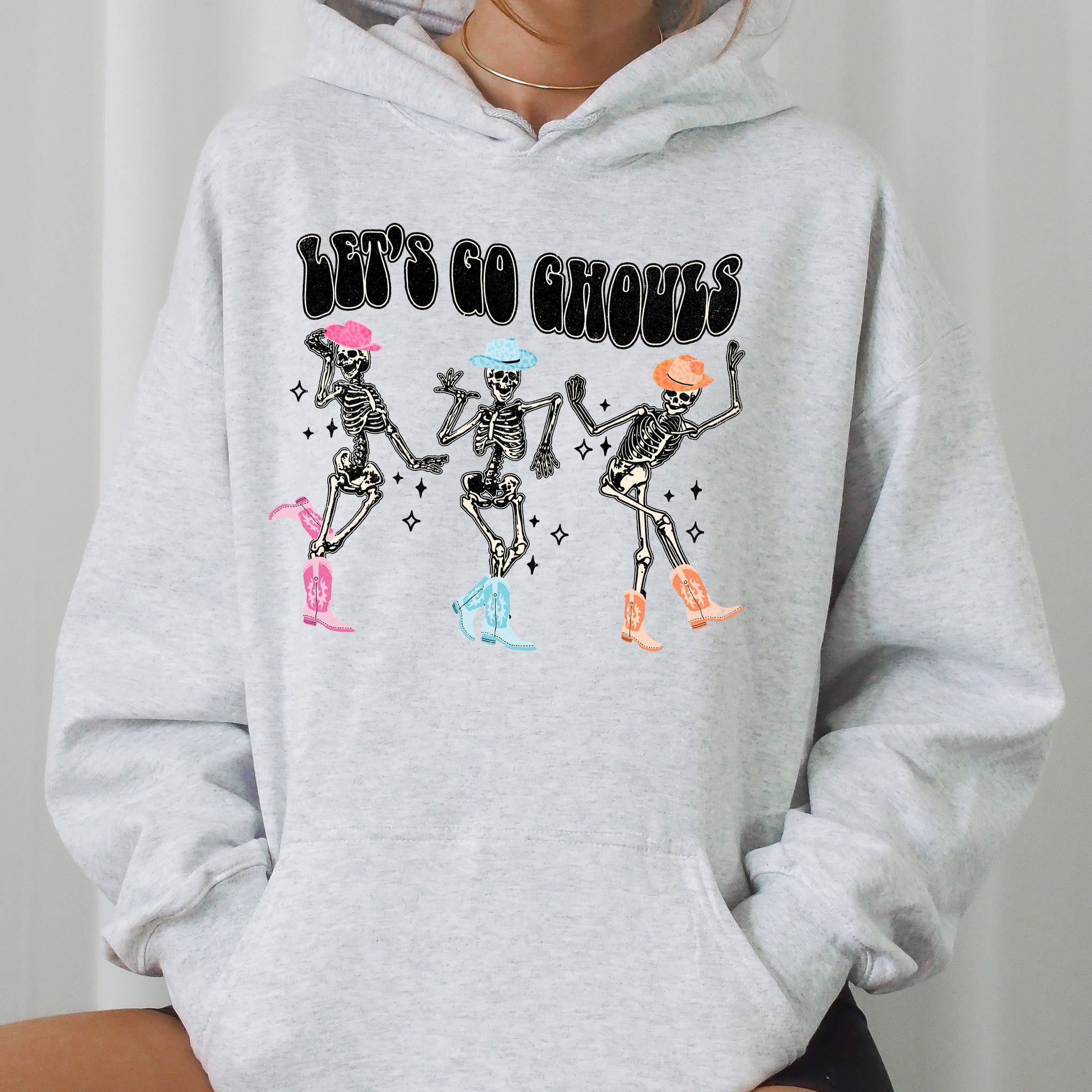 Let's Go Ghouls, Ghost, Western, Skeleton, Witch, Skull, Funny, Spooky, Aesthetic, Meme, Halloween, Costume, Hoodie, Hooded Sweatshirt
