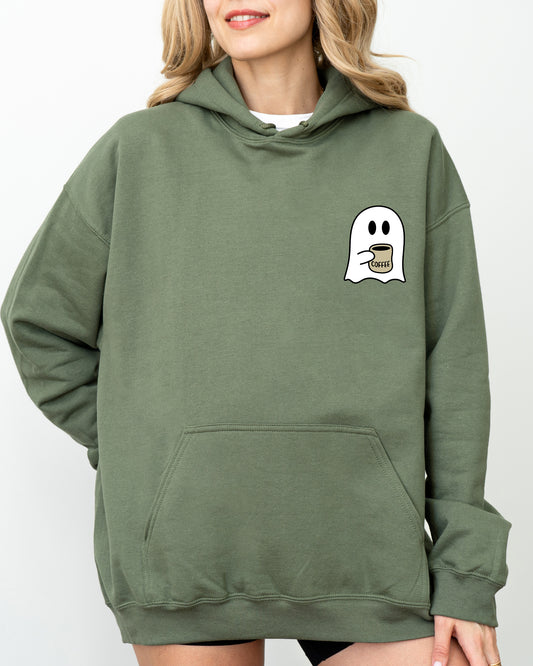 Ghost, Coffee Lover, Pocket, Skeleton, Ghost, Witch, Skull, Funny, Spooky, Aesthetic, Meme, Halloween, Costume, Hoodie, Hooded Sweatshirt